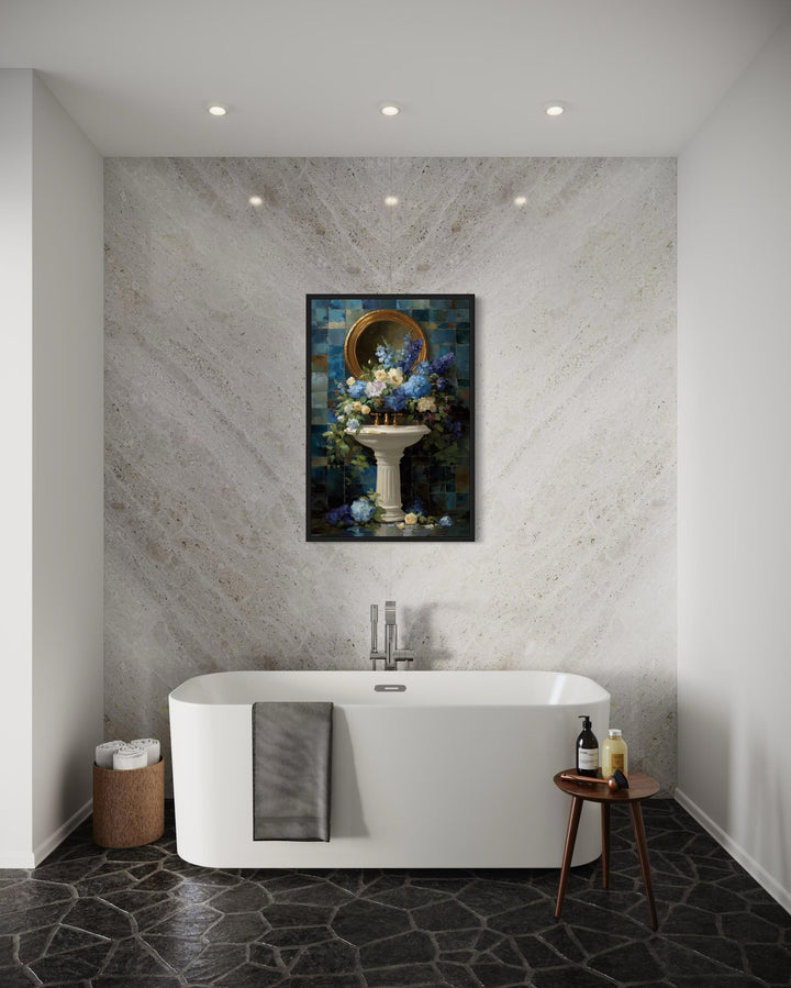 Blue Floral Pedestal Sink Romantic Bathroom Wall Art