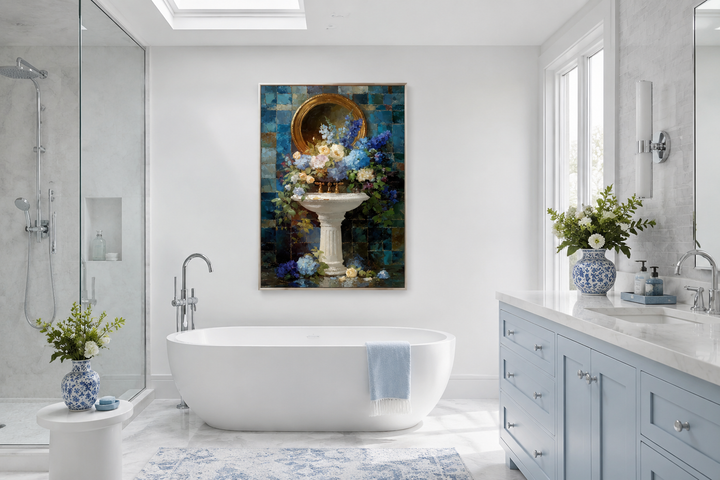 Blue Floral Pedestal Sink Romantic Bathroom Wall Art canvas print above a white bathtub.