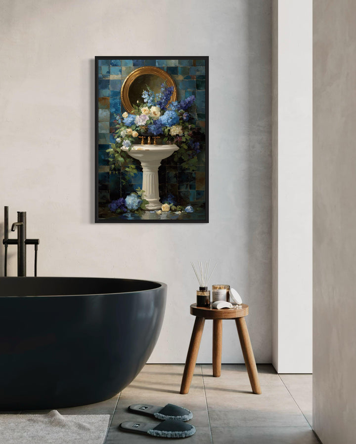 Blue Floral Pedestal Sink Romantic Bathroom Wall Art