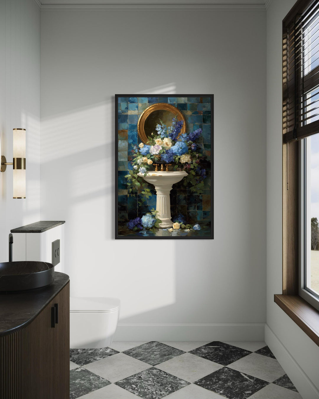 Blue Floral Pedestal Sink Romantic Bathroom Wall Art in a modern bathroom with checkered floors.