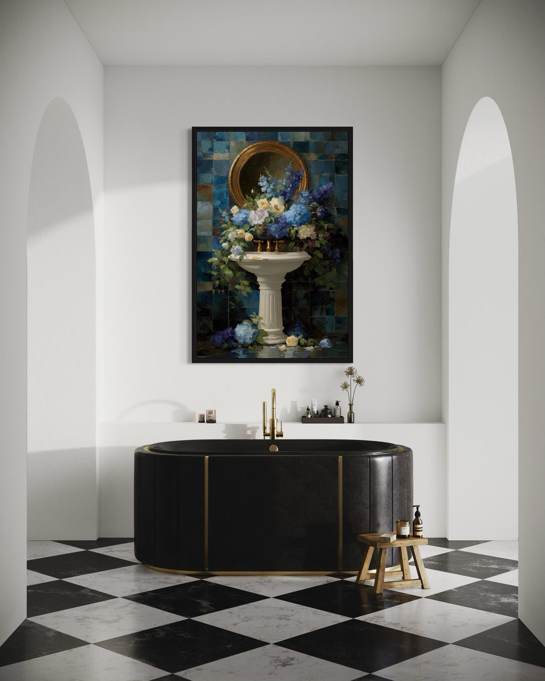 Blue Floral Pedestal Sink Romantic Bathroom Wall Art