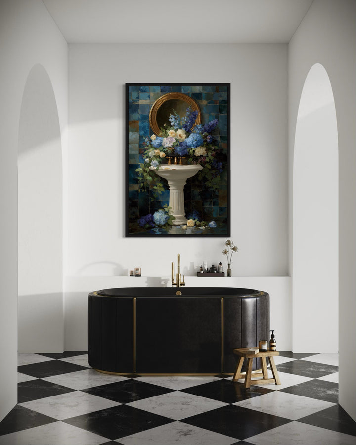 Blue Floral Pedestal Sink Romantic Bathroom Wall Art