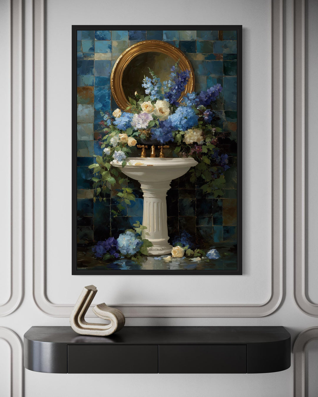 Blue floral painting of a pedestal sink with blossoms, framed on a wall above a black console table.