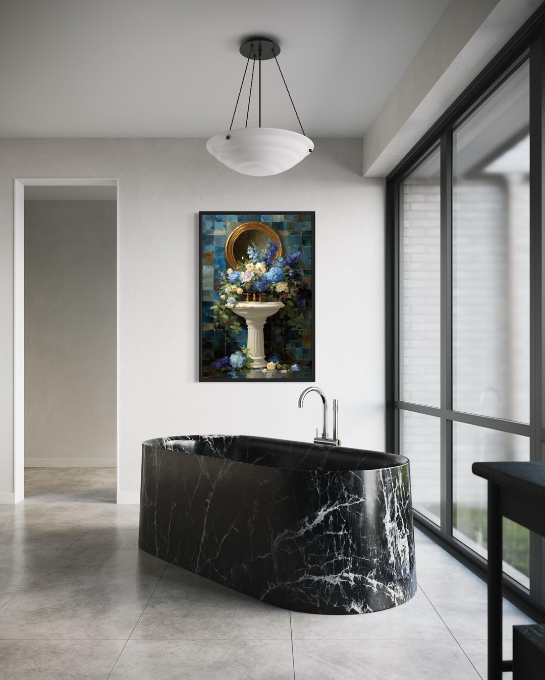 Blue Floral Pedestal Sink Romantic Bathroom Wall Art