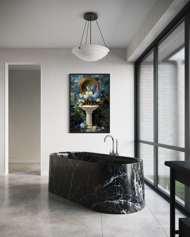 Blue Floral Pedestal Sink Romantic Bathroom Wall Art