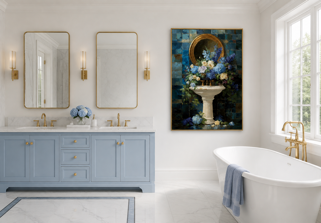 Vertical canvas art of blue flowers around a pedestal sink in a blue and white bathroom.