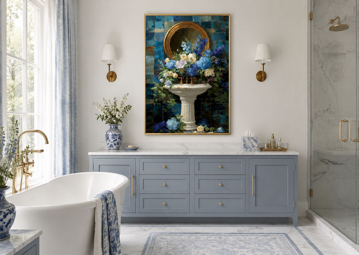 Blue Floral Pedestal Sink Romantic Bathroom Wall Art in a blue and white marble bathroom.