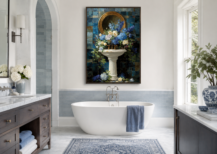 Blue Floral Pedestal Sink Romantic Bathroom Wall Art hanging above a white bathtub.