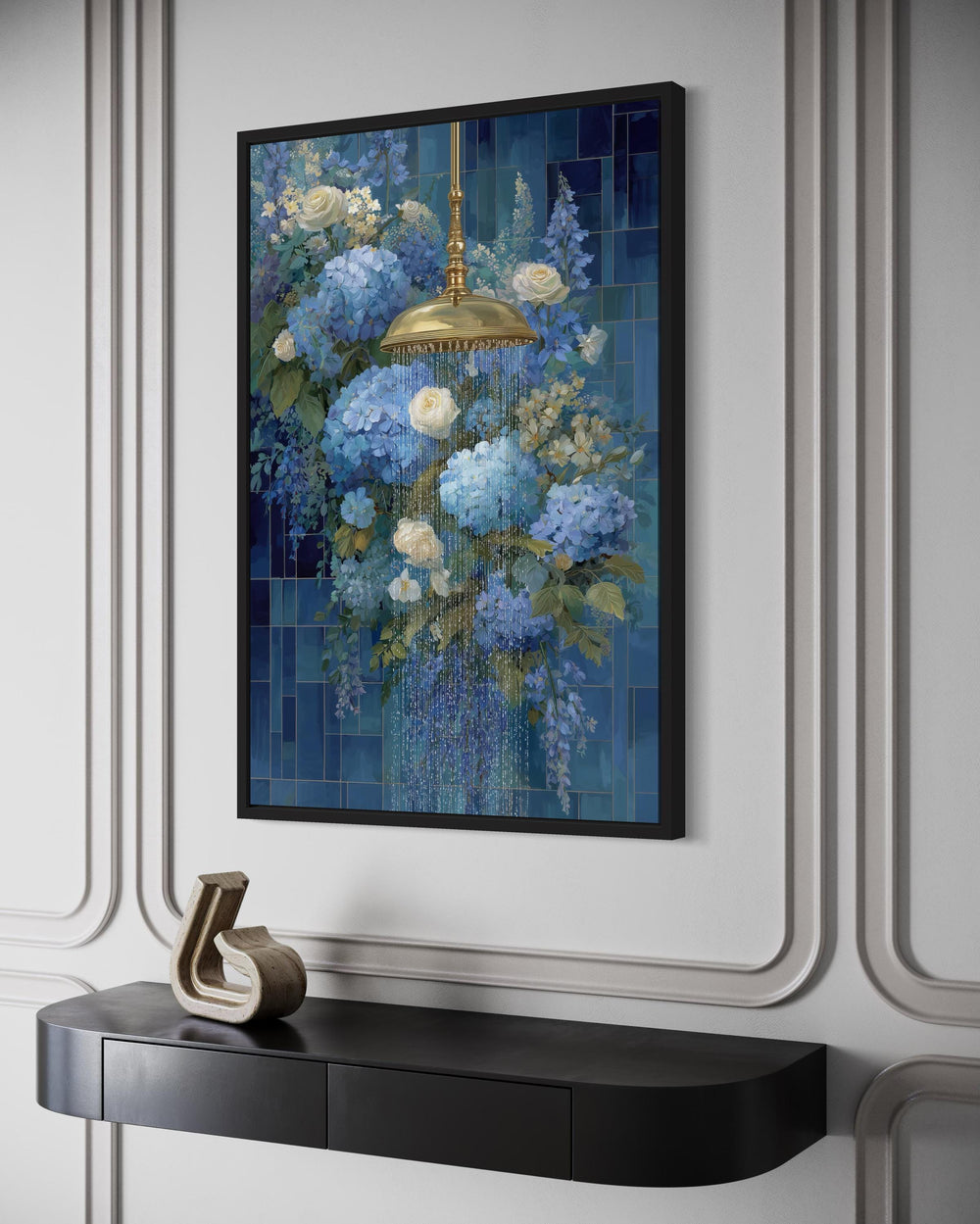 Blue Floral Shower Romantic Bathroom Canvas Wall Art