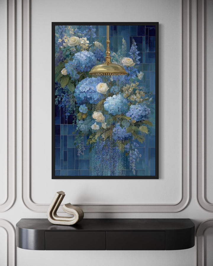 Blue Floral Shower Romantic Bathroom Canvas Wall Art