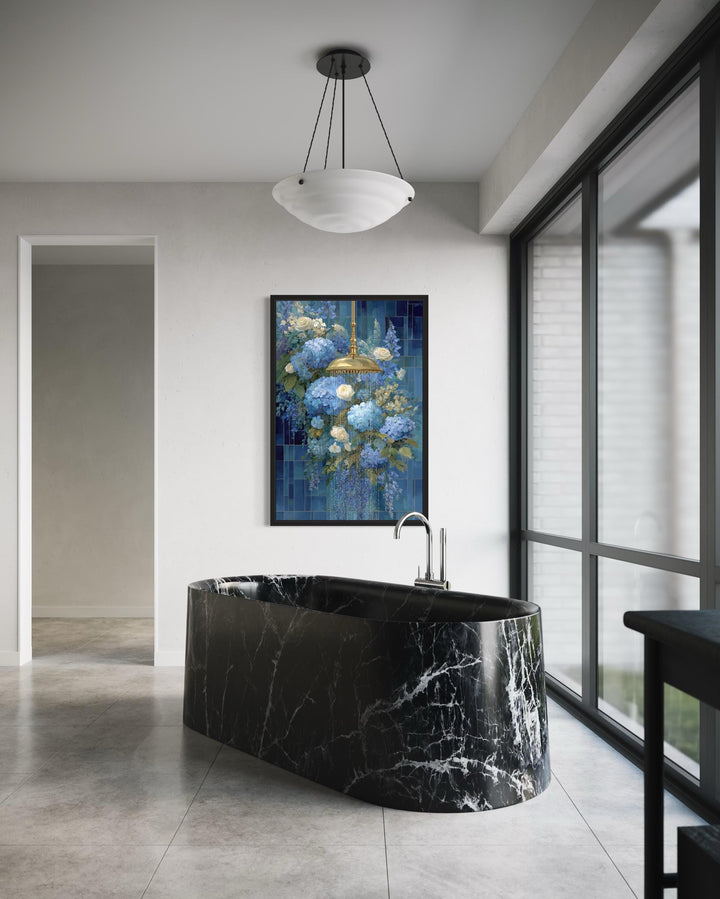 Blue Floral Shower Romantic Bathroom Canvas Wall Art