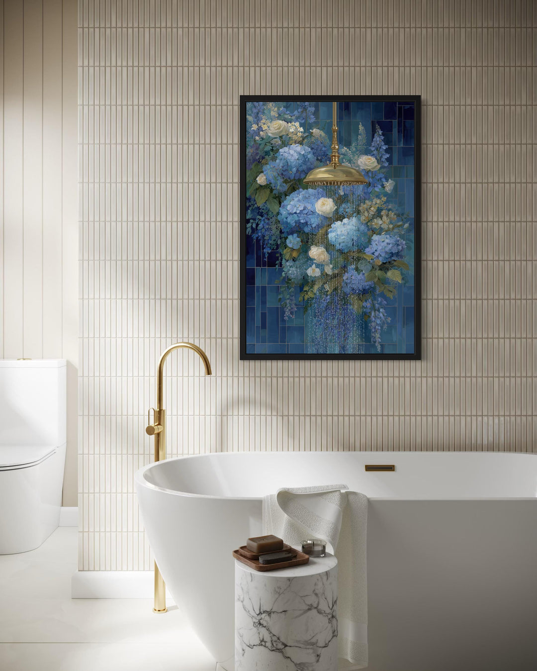 Blue Floral Shower Romantic Bathroom Canvas Wall Art