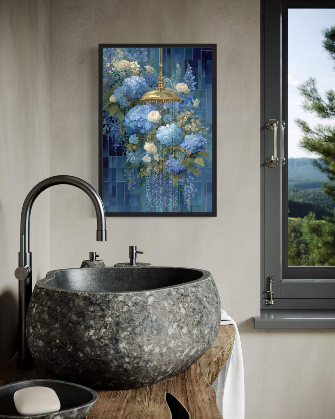 Blue Floral Shower Romantic Bathroom Canvas Wall Art