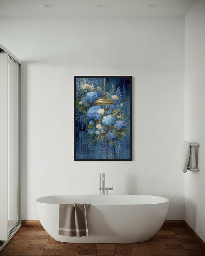 Blue Floral Shower Romantic Bathroom Canvas Wall Art