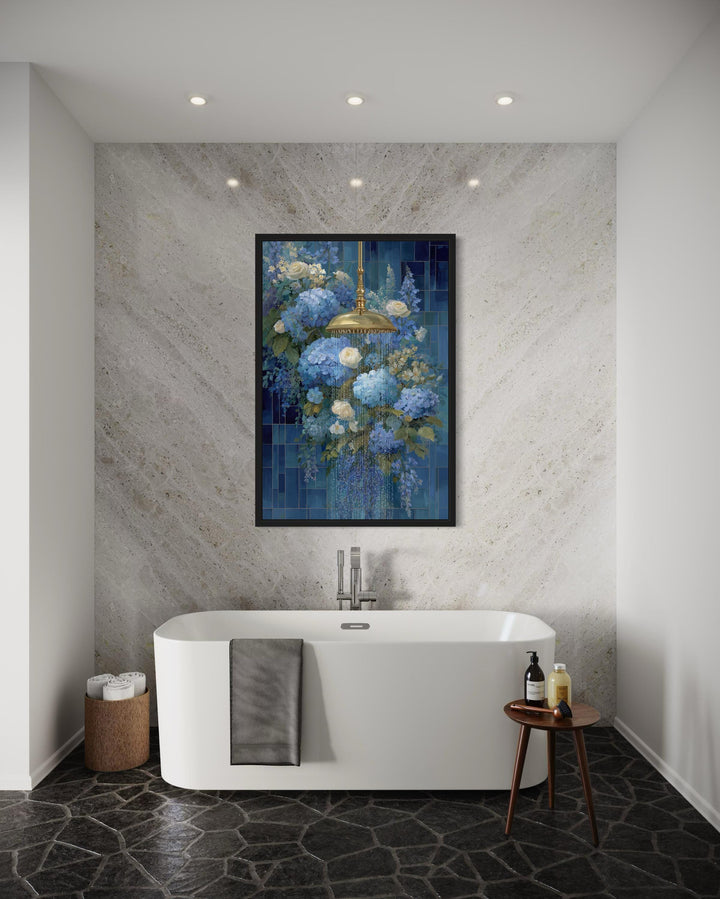 Blue Floral Shower Romantic Bathroom Canvas Wall Art