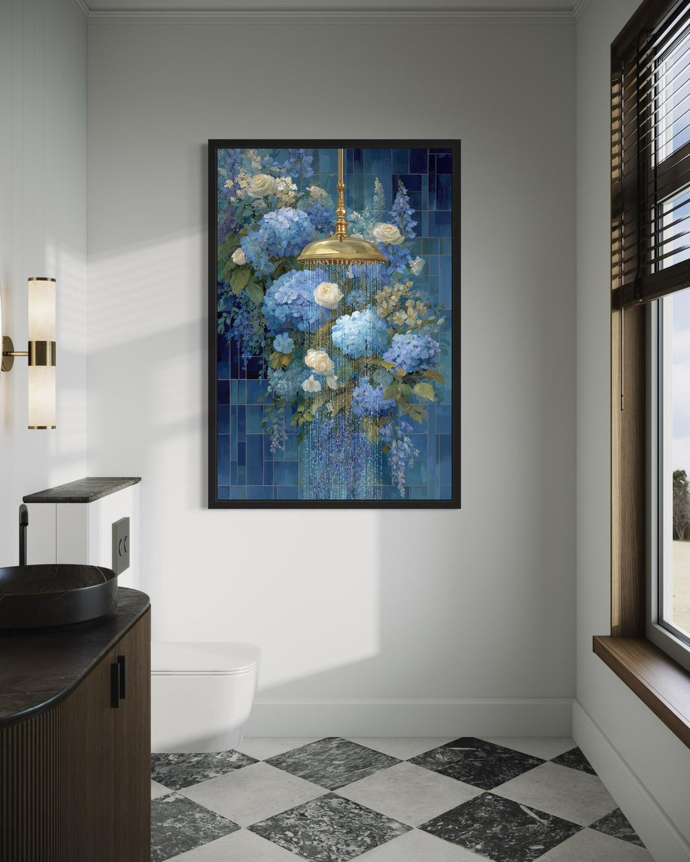 Blue floral shower romantic bathroom canvas wall art.