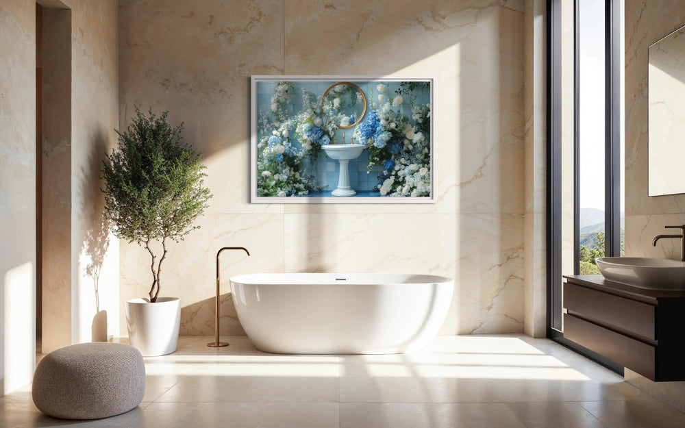 Blue Floral Sink Bathroom Canvas Wall Art