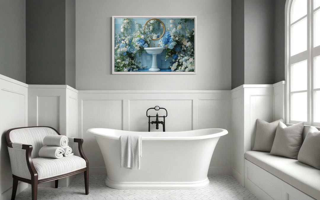 Blue Floral Sink Bathroom Canvas Wall Art