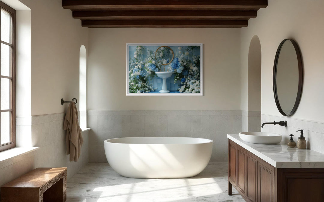 Blue Floral Sink Bathroom Canvas Wall Art