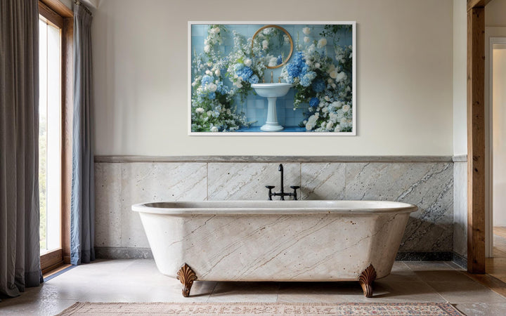 Blue Floral Sink Bathroom Canvas Wall Art