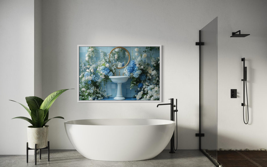 Blue Floral Sink Bathroom Canvas Wall Art