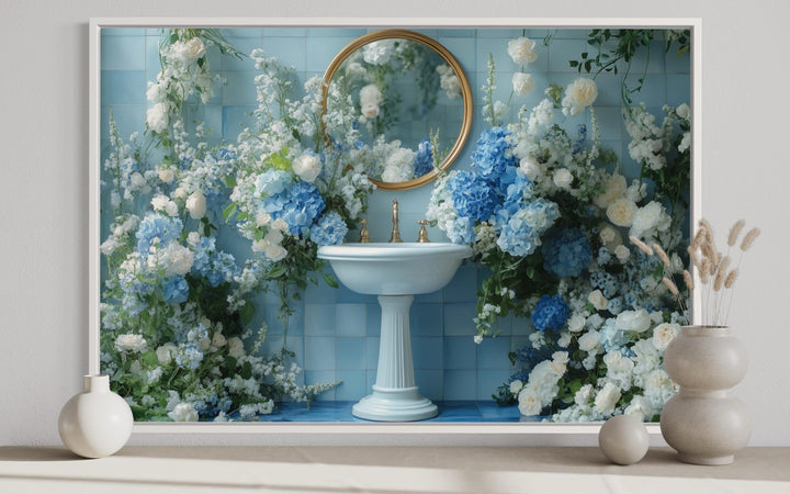 Blue Floral Sink Bathroom Canvas Wall Art