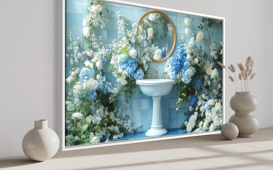 Blue Floral Sink Bathroom Canvas Wall Art
