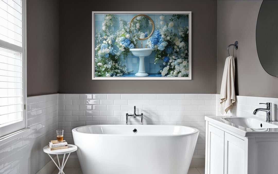 Blue Floral Sink Bathroom Canvas Wall Art