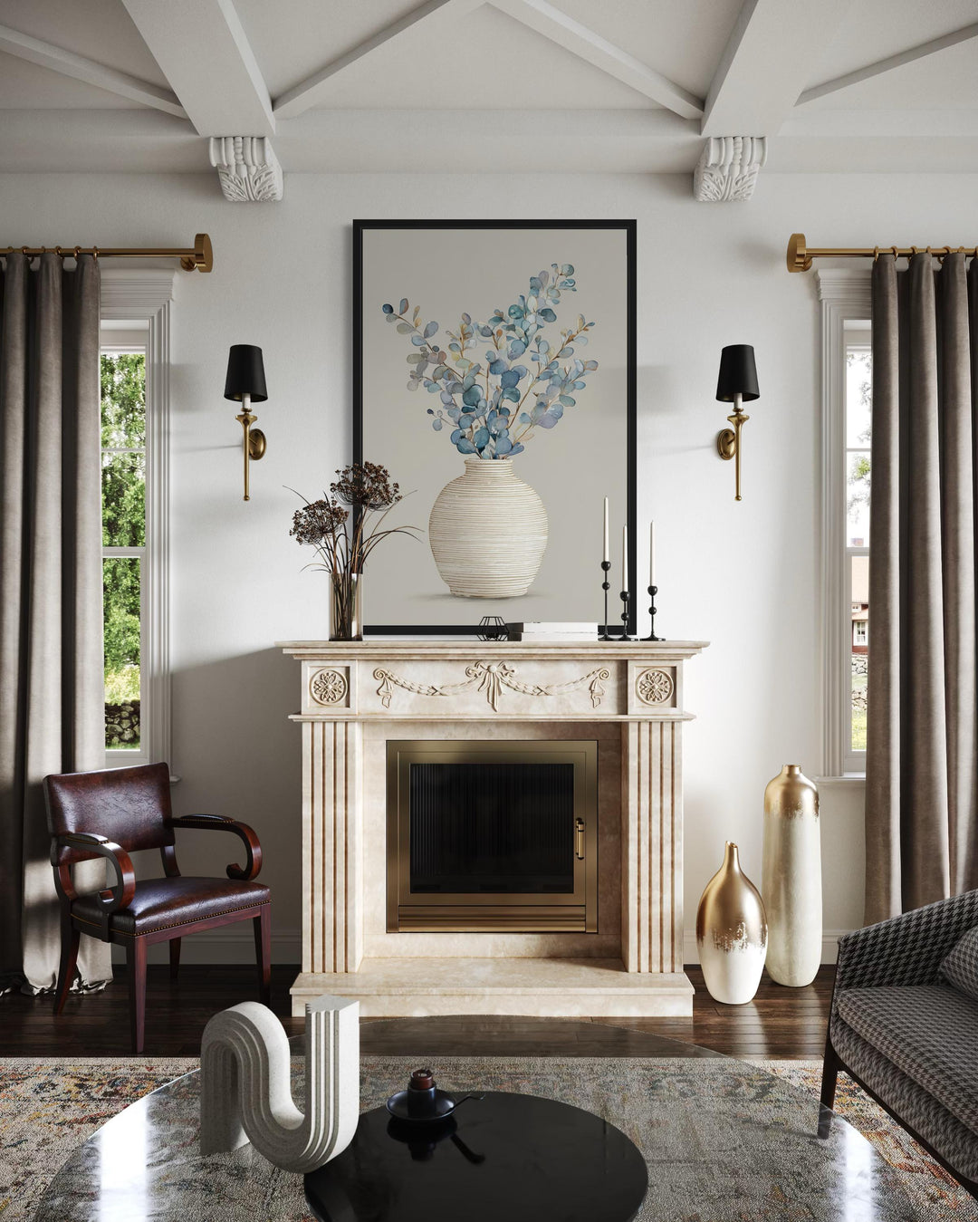 Blue floral still life wall art with eucalyptus branches in a textured vase over a fireplace.
