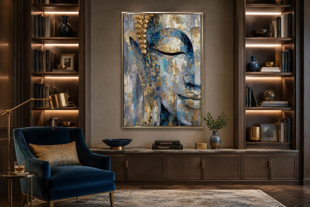 Blue and gold abstract Buddha canvas wall art in a modern living room with built-in bookshelves.