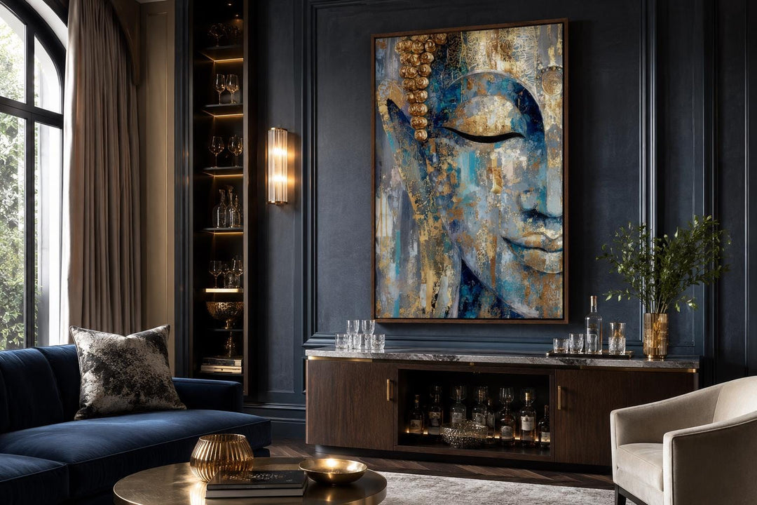 Vertical blue and gold abstract Buddha canvas wall art hanging in a modern living room.
