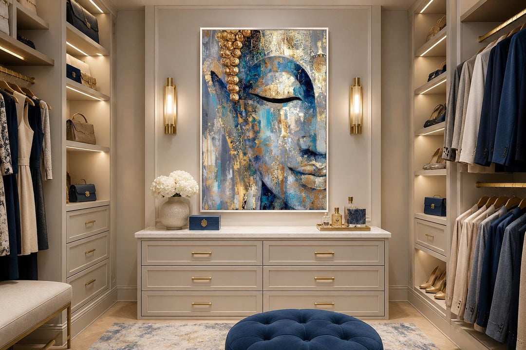 Vertical blue and gold abstract Buddha canvas wall art centered in a modern walk-in closet.