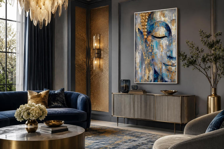 Vertical blue and gold abstract Buddha canvas wall art hanging above a console in a living room.