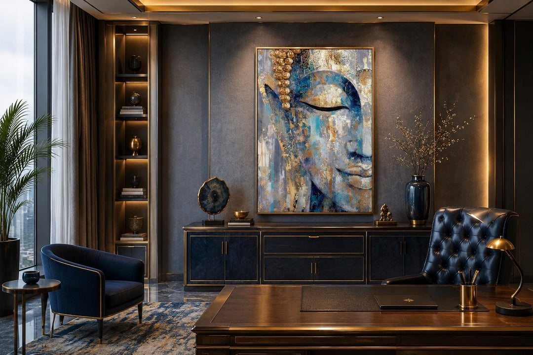 Blue and gold abstract Buddha canvas wall art hanging in a modern, elegant office setting.