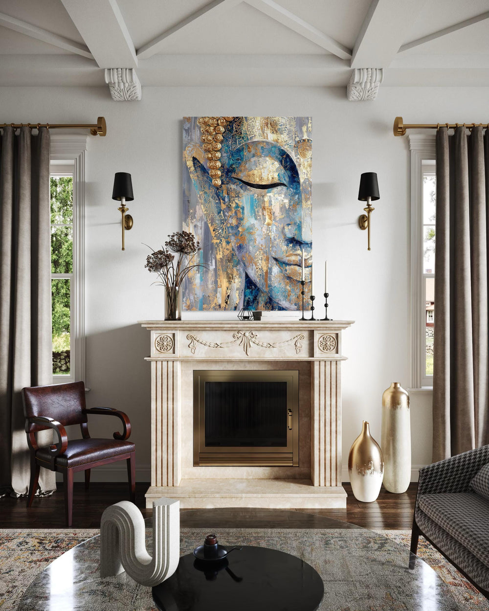 Vertical blue and gold abstract Buddha canvas wall art hanging above a fireplace in a living room.