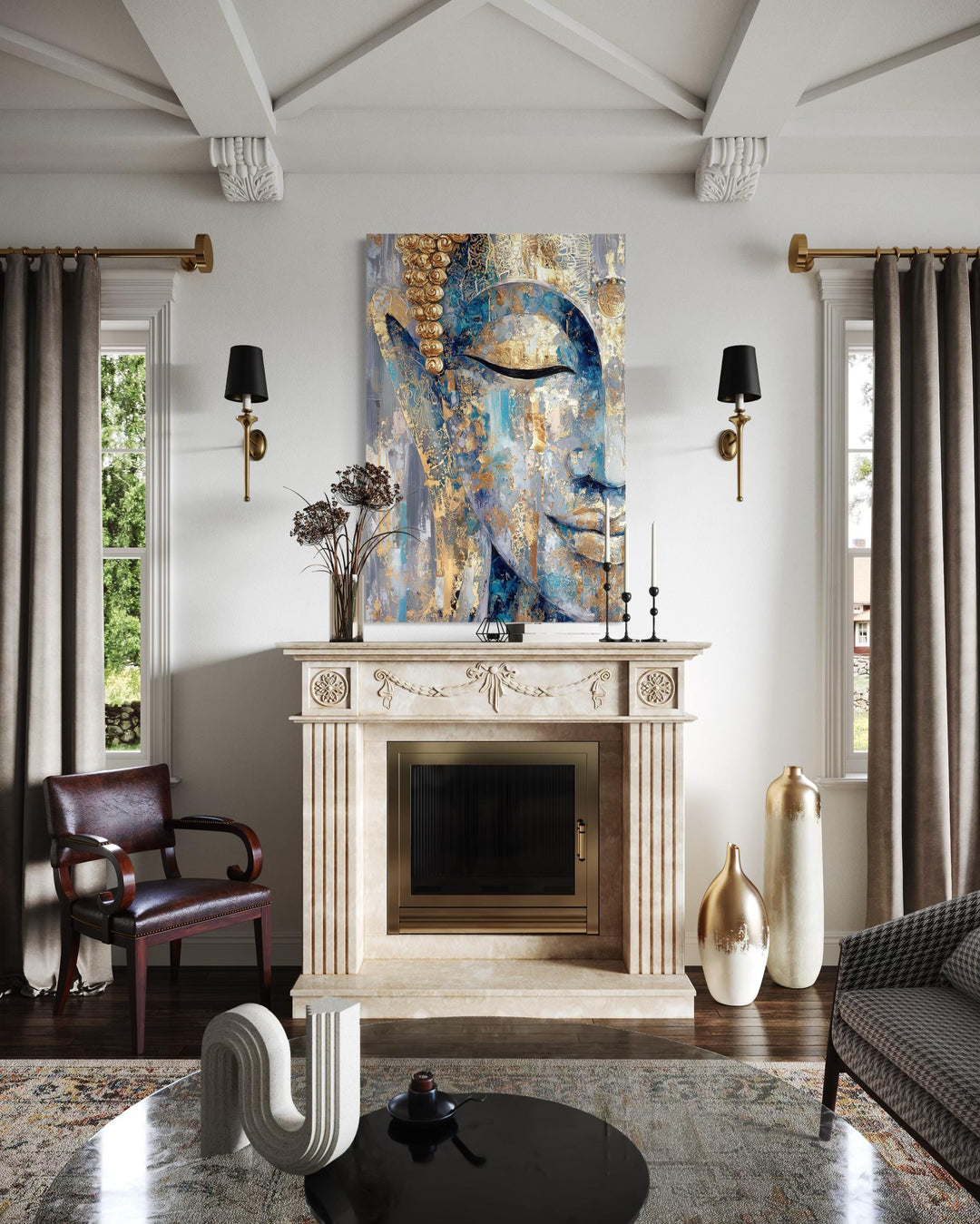 Vertical blue and gold abstract Buddha canvas wall art hanging above a fireplace in a living room.