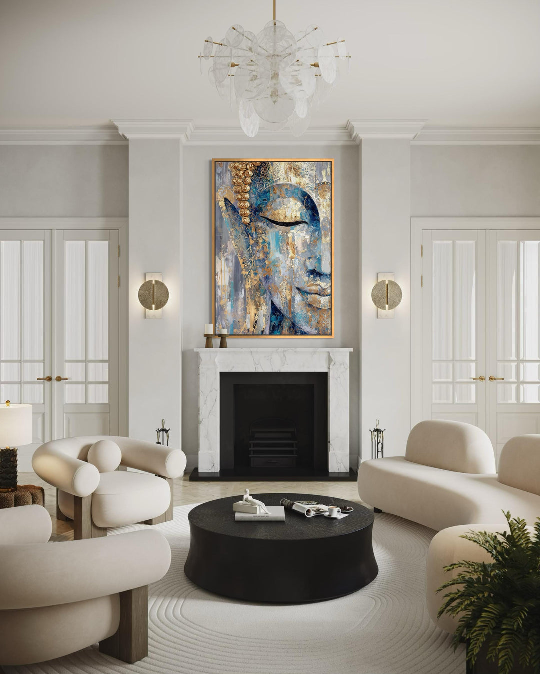 Vertical blue and gold abstract Buddha canvas wall art hanging above a white marble fireplace.