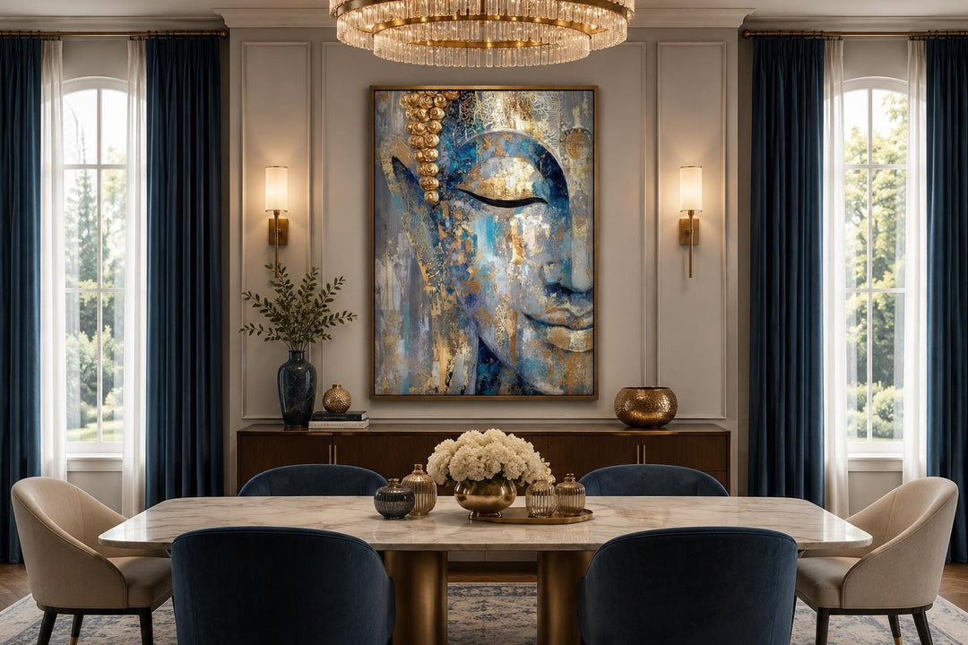 Blue and gold abstract Buddha canvas wall art hanging in a modern dining room above a console table.