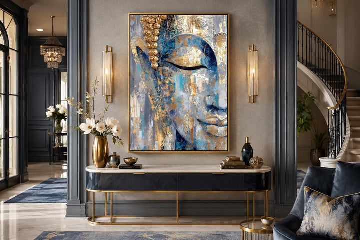 Blue and gold abstract Buddha canvas wall art hanging above a console table in a modern room.
