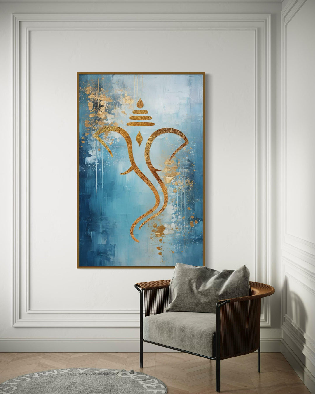 Blue Gold Minimalist Lord Ganesha Framed Canvas Wall Art