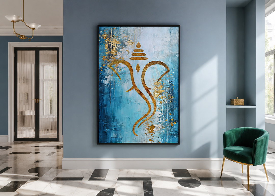 Blue and gold minimalist Lord Ganesha abstract canvas wall art in a modern living room setting.