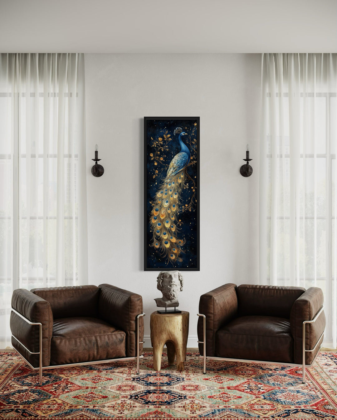 Blue Gold Peacock Tall Narrow Vertical Framed Canvas Wall Art