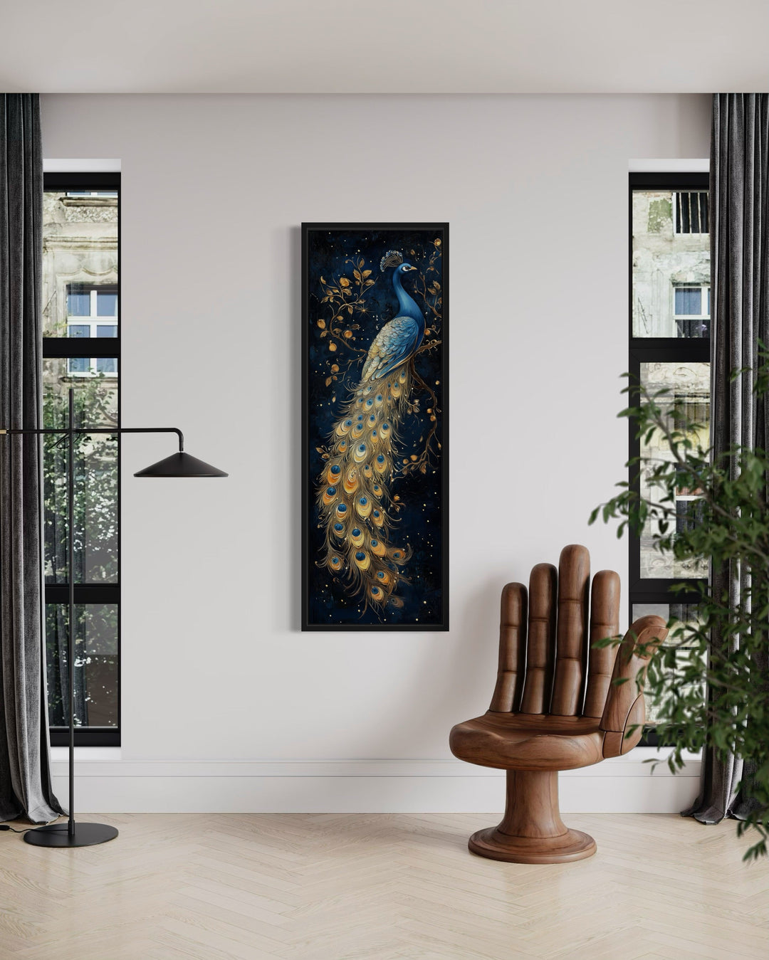 Tall narrow framed canvas wall art featuring a blue and gold peacock on a dark navy background.