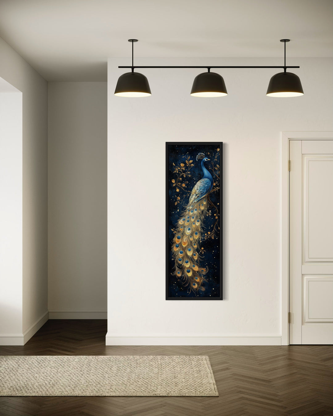 Blue Gold Peacock Tall Narrow Vertical Framed Canvas Wall Art