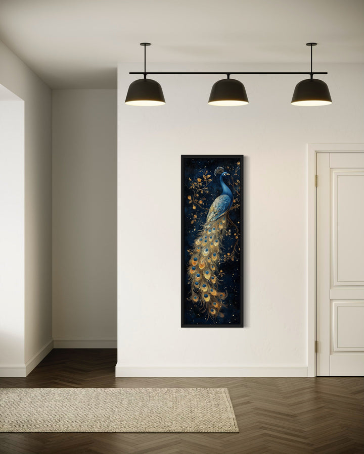 Blue Gold Peacock Tall Narrow Vertical Framed Canvas Wall Art