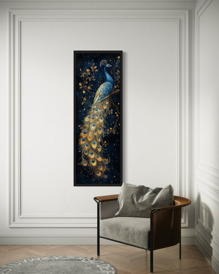 Blue Gold Peacock Tall Narrow Vertical Framed Canvas Wall Art