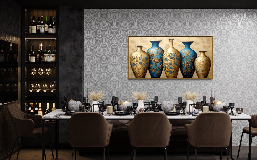 Blue Gold Vases Dining Room Framed Canvas Wall Art