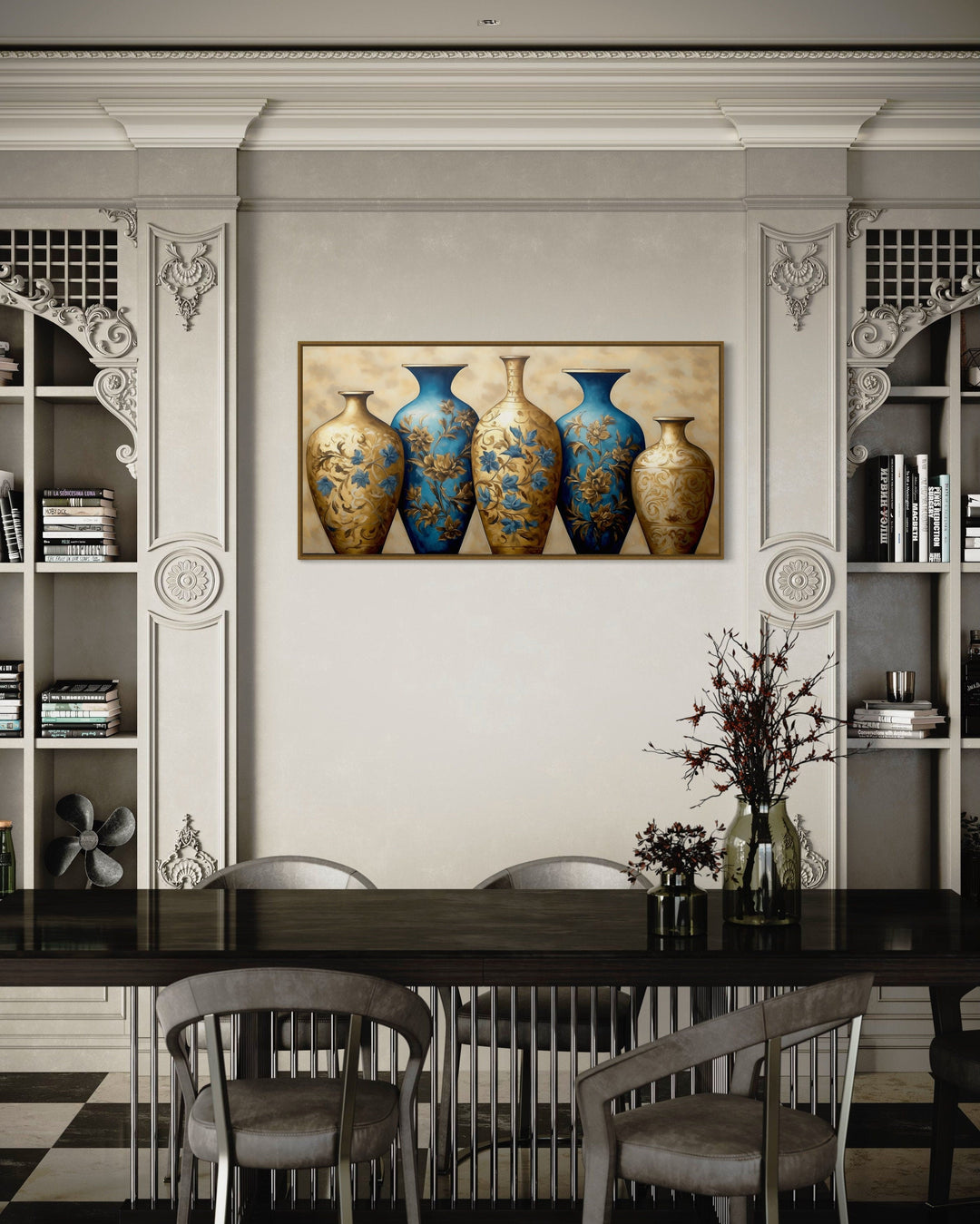 Blue Gold Vases Dining Room Framed Canvas Wall Art