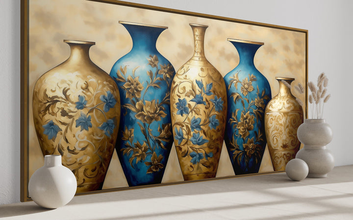 Blue Gold Vases Dining Room Framed Canvas Wall Art