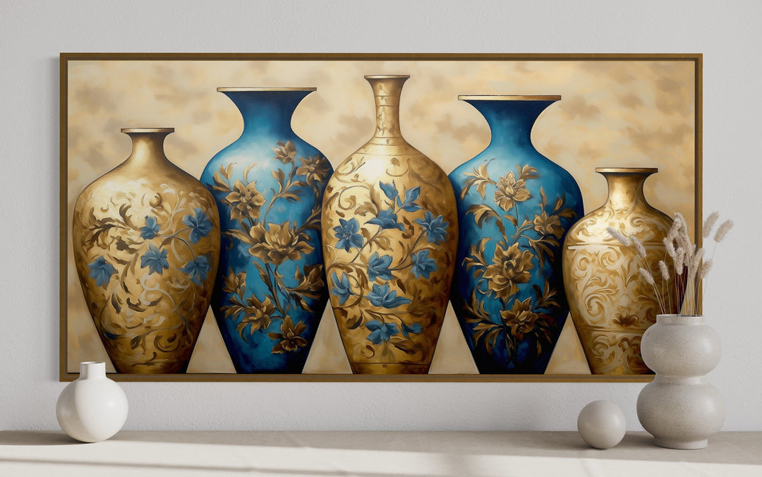 Blue Gold Vases Dining Room Framed Canvas Wall Art